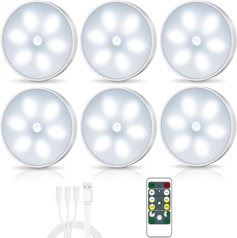 LED Closet Lights Wireless Motion Sensor Puck Light, Newest Version USB Rechargeable Dimmer Step Light with Remote, Night Safe Lighting for Under Cabinet, Counter, Kitchen, Hallway, Stairs (6 Pack) in Saudi Arabia