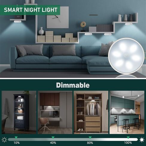 LED Closet Lights Wireless Motion Sensor Puck Light, Newest Version USB Rechargeable Dimmer Step Light with Remote, Night Safe Lighting for Under Cabinet, Counter, Kitchen, Hallway, Stairs (6 Pack) in Saudi Arabia