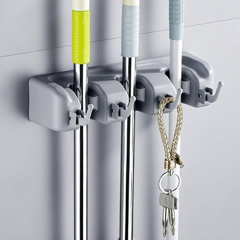 Mop and Broom Holder Wall Mount, Utility Organizer for Brooms, Mops and Cleaning Tools, Space-Saving Storage Rack for Kitchen, Bathroom & Laundry Room, 3 Racks & 4 Hooks, Gray in Saudi Arabia