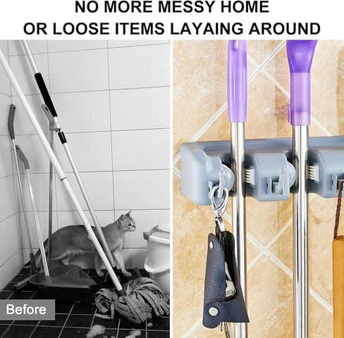 Mop and Broom Holder Wall Mount, Utility Organizer for Brooms, Mops and Cleaning Tools, Space-Saving Storage Rack for Kitchen, Bathroom & Laundry Room, 3 Racks & 4 Hooks, Gray in Saudi Arabia