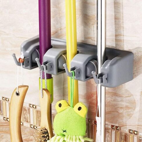 Mop and Broom Holder Wall Mount, Utility Organizer for Brooms, Mops and Cleaning Tools, Space-Saving Storage Rack for Kitchen, Bathroom & Laundry Room, 3 Racks & 4 Hooks, Gray in Saudi Arabia