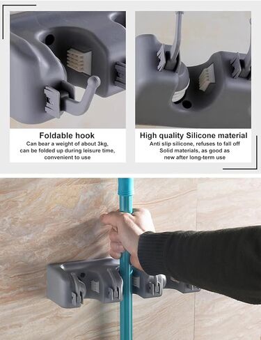 Mop and Broom Holder Wall Mount, Utility Organizer for Brooms, Mops and Cleaning Tools, Space-Saving Storage Rack for Kitchen, Bathroom & Laundry Room, 3 Racks & 4 Hooks, Gray in Saudi Arabia