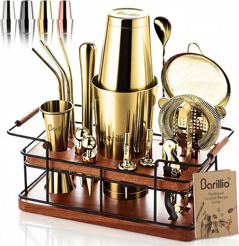 Barillio Bartender Kit - طقم شاكر كوكتيل مكون من 23 قطعة من الفولاذ المقاوم للصدأ مع حامل من خشب الماهوجني الأفريقي الفاخر | أدوات خلط مارتيني برواري للسقاية المنزلية | مجموعة الهدايا in Kuwait