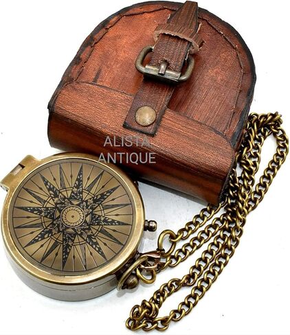Classic Handmade Antique Functional Brass Compass with Chain and Leather Case – Vintage Decorative Pocket Compass for Men and Women for Wife in Saudi Arabia