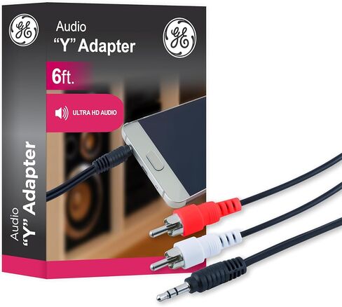 كابل محول GE Audio Y، 6 أقدام، 3.5 ملم ذكر إلى ذكر RCA، يعمل مع جميع العلامات التجارية، الهواتف الذكية، ستيريو، الكمبيوتر، أسود، 33568 in Kuwait