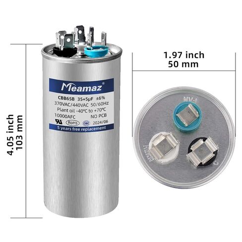35 + 5 فائق التوهج ± 6% CBB65B AC مكثف، 35/5 MFD، نوع التشغيل الدائري، 370/440 فولت، 50/60 هرتز. مثالي كمكثف تشغيل قوي لتشغيل محرك مروحة وحدة التيار المتردد أو مضخة حمام السباحة أو مكثف الهواء البارد المستقيم (370 فولت) in Kuwait