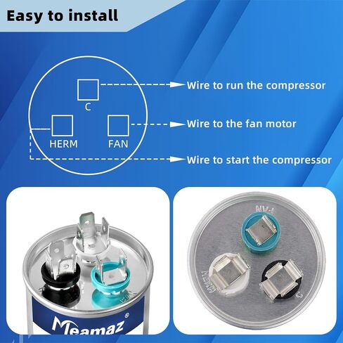 35 + 5 فائق التوهج ± 6% CBB65B AC مكثف، 35/5 MFD، نوع التشغيل الدائري، 370/440 فولت، 50/60 هرتز. مثالي كمكثف تشغيل قوي لتشغيل محرك مروحة وحدة التيار المتردد أو مضخة حمام السباحة أو مكثف الهواء البارد المستقيم (370 فولت) in Kuwait