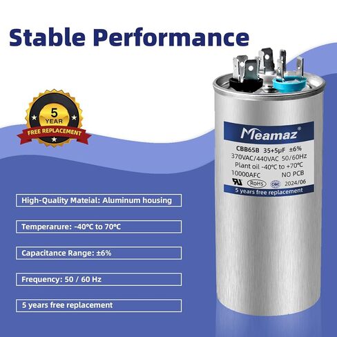 35 + 5 فائق التوهج ± 6% CBB65B AC مكثف، 35/5 MFD، نوع التشغيل الدائري، 370/440 فولت، 50/60 هرتز. مثالي كمكثف تشغيل قوي لتشغيل محرك مروحة وحدة التيار المتردد أو مضخة حمام السباحة أو مكثف الهواء البارد المستقيم (370 فولت) in Kuwait
