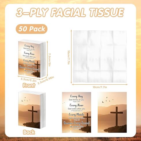 Rakuto 50 Pack Bible Verse Pocket Tissues Travel Packs, 500 Sheet Christian Tissues Travel Size Bulk, 3 Ply Bible Verse Live Scene Mini Travel Size Individual Religious Party Favor in Kuwait