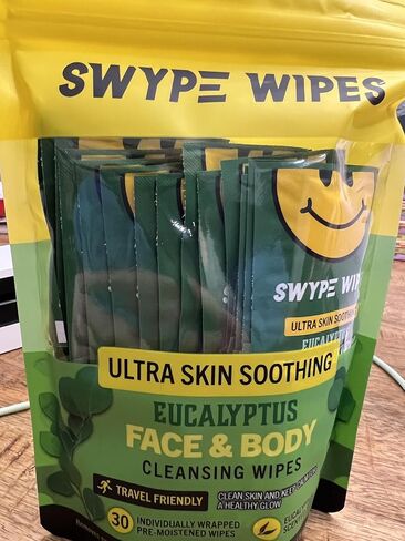 مناديل سوايب المبللة فائقة التلطيف للبشرة والأوكالبتوس لتنظيف الوجه والجسم، تزيل الأوساخ والزيوت والشوائب، خالية من الكحول، مناسبة للسفر، 30 منديلًا مبلّلًا ملفوفًا بشكل فردي in Kuwait