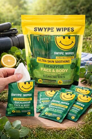مناديل سوايب المبللة فائقة التلطيف للبشرة والأوكالبتوس لتنظيف الوجه والجسم، تزيل الأوساخ والزيوت والشوائب، خالية من الكحول، مناسبة للسفر، 30 منديلًا مبلّلًا ملفوفًا بشكل فردي in Kuwait