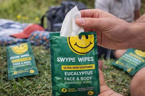 مناديل سوايب المبللة فائقة التلطيف للبشرة والأوكالبتوس لتنظيف الوجه والجسم، تزيل الأوساخ والزيوت والشوائب، خالية من الكحول، مناسبة للسفر، 30 منديلًا مبلّلًا ملفوفًا بشكل فردي in Kuwait