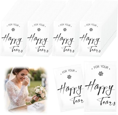 50 عبوة من مناديل Happy Tears لحفلات الزفاف، مناديل الزفاف الفردية الخاصة بك من مناديل Happy Tears للضيوف، مناديل الوجه ذات الجيب الكبير، حقائب الترحيب، مواد للاحتفال بهدايا حفلات الحياة in Kuwait