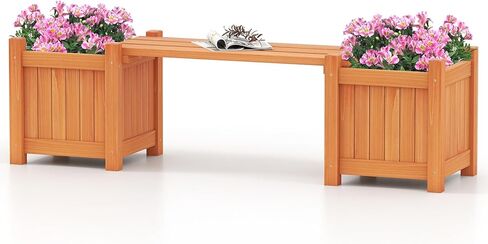 Giantex 2-in-1 Outdoor Bench with 2 Raised Garden Beds, Wood with Teak Oil Finish, Planter Boxes with Open-Ended Base, Garden Bench Seat for Porch Balcony Lawn Yard, DIY Assembly, 42"x11"x11.5" in Saudi Arabia