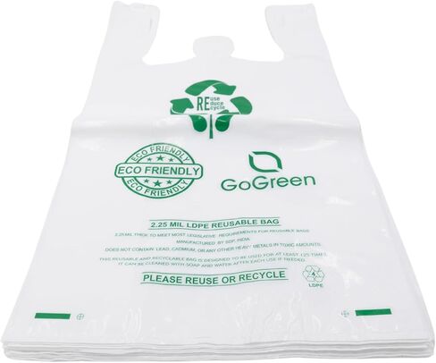 100 كيس تي شيرت قابل للتحلل البيولوجي وإعادة الاستخدام بمقابض - شديدة التحمل 57 ميكرون (2.25 مل) بيضاء للتسوق والتجزئة وشاحنات الطعام والمطاعم، 11.5 بوصة × 6.5 بوصة × 21 بوصة صديقة للبيئة in Kuwait