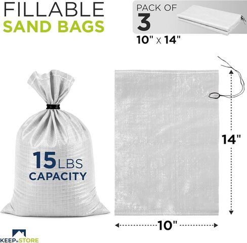 أكياس رمل شديدة التحمل مكونة من 3 أكياس رمل فارغة بيضاء مع أربطة مدمجة، حماية من الأشعة فوق البنفسجية من مادة البولي بروبيلين المنسوجة لمدة 1600 ساعة، أكياس رمل قابلة للتعبئة للتحكم في الفيضانات، الوزن، 10 × 14 بوصة، حجم 15 رطلاً in Kuwait