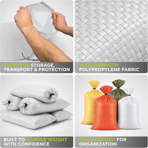 أكياس رمل شديدة التحمل مكونة من 3 أكياس رمل فارغة بيضاء مع أربطة مدمجة، حماية من الأشعة فوق البنفسجية من مادة البولي بروبيلين المنسوجة لمدة 1600 ساعة، أكياس رمل قابلة للتعبئة للتحكم في الفيضانات، الوزن، 10 × 14 بوصة، حجم 15 رطلاً in Kuwait