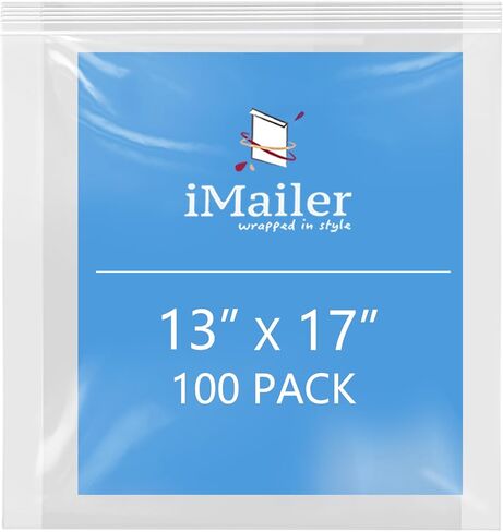 iMailer- 13 بوصة × 17 بوصة 100 عبوة - 2 مل أكياس بسحاب قابلة للإغلاق - أكياس بلاستيكية شفافة مع قفل علوي بسحاب للتخزين والتنظيم والحرف اليدوية والسفر in Kuwait