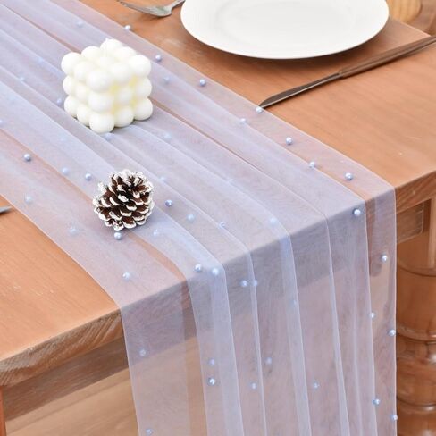 Joanlody Spring Summer Pearl Table Runner 10ft Rustic Boho Tulle Table Runner with Pearls for Baby Shower Wedding Party Veil Dessert Table Decor Blue in Saudi Arabia