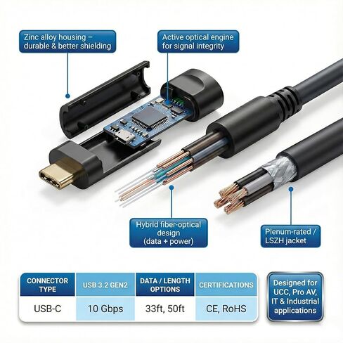 Fiber Optic USB C Cable 50ft,10Gbps Active Optical USB-C Cable with EMI Shielding,Long-Distance Low-Latency for 4K Conference Rooms, Enterprise Workstations,Industrial Control Systems,Data Centers in Saudi Arabia