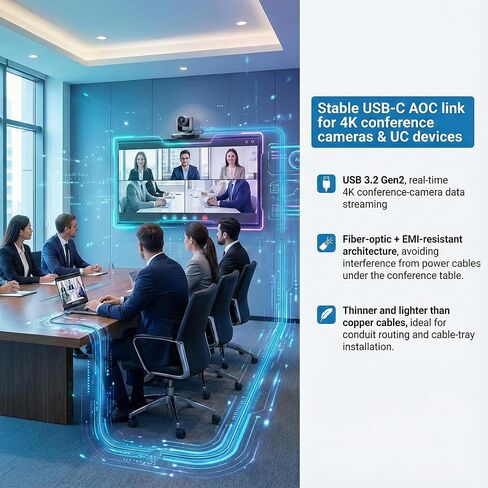 Fiber Optic USB C Cable 50ft,10Gbps Active Optical USB-C Cable with EMI Shielding,Long-Distance Low-Latency for 4K Conference Rooms, Enterprise Workstations,Industrial Control Systems,Data Centers in Saudi Arabia