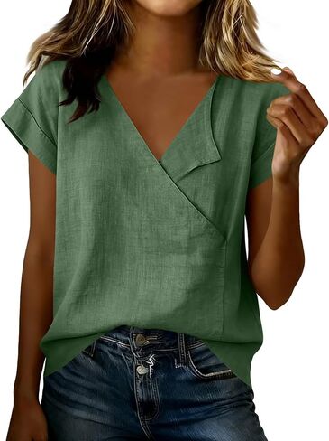 Oplxuo Women's Cotton Linen Shirts V Neck Short Sleeve Wrap Blouse Summer Casual Loose Fit Tunic Tops in Saudi Arabia