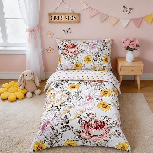 طقم سرير للأطفال الصغار للفتيات، طقم لحاف سرير للأطفال مكون من 4 قطع، طقم سرير أطفال بوهو فائق النعومة وجيد التهوية مع ملاءة علوية مسطحة، لحاف مبطن، ملاءة جاهزة وأكياس وسائد، زهور in Kuwait