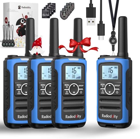 أجهزة اتصال لاسلكية Radioddity FS-T8 للأطفال قابلة لإعادة الشحن، راديو ثنائي الاتجاه بدون ترخيص FRS طويل المدى مع مكالمة جماعية، VOX، NOAA، بطارية 2000 مللي أمبير في الساعة، مصباح يدوي، شحن USB-C، للمشي لمسافات طويلة في معسكر الشتاء، 4 عبوات in Kuwait