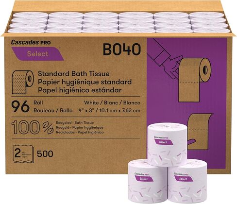 Cascades PRO Select Soft/Strong Bathroom Tissue, 2-Ply Toilet Paper Rolls for Restrooms – Universal Fit - Individually Wrapped, Recycled Fibers – 500 Sheets/Roll - 96 Rolls/Box – B040- White in Kuwait