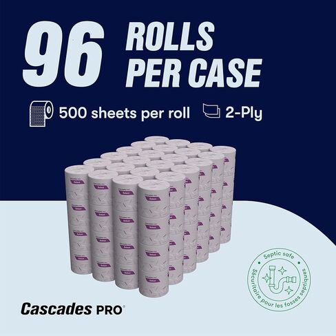 Cascades PRO Select Soft/Strong Bathroom Tissue, 2-Ply Toilet Paper Rolls for Restrooms – Universal Fit - Individually Wrapped, Recycled Fibers – 500 Sheets/Roll - 96 Rolls/Box – B040- White in Kuwait