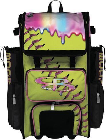 حقيبة الخفافيش الدوارة الهجينة من Boombah Superpack - إصدار بعجلات وحقيبة ظهر - Softball Homerun Drip Optic أصفر/أسود/وردي in Kuwait