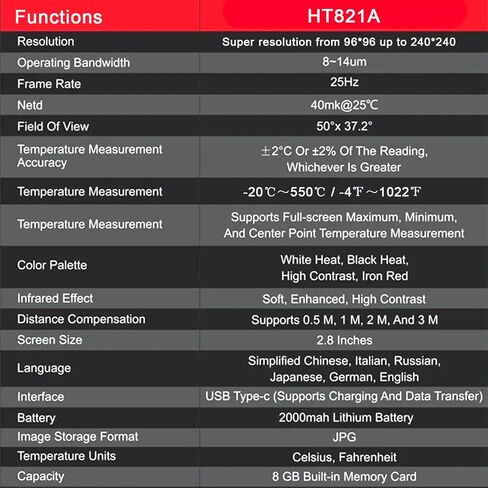 تصوير حراري HABOTEST HT821A، دقة الأشعة تحت الحمراء 240 × 240، كاميرا حرارية محمولة، نطاق درجة حرارة من 4 إلى 1022 درجة فهرنهايت، مع منبه لدرجة الحرارة، مثالي لاستكشاف الأخطاء وإصلاحها الكهربائية وفحص المنزل in Kuwait