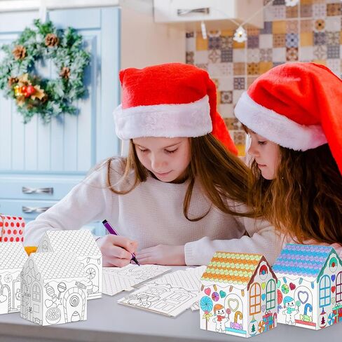 Watersay 12 Pcs Christmas Paper Coloring Houses DIY Craft Color Your Own Cardboard Houses Personalize a Cardboard House Xmas Holiday Party Favors Gifts for Girls Boys Classroom Home School in Saudi Arabia