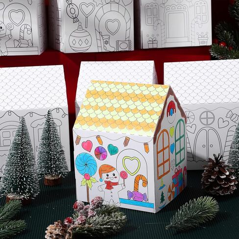 Watersay 12 Pcs Christmas Paper Coloring Houses DIY Craft Color Your Own Cardboard Houses Personalize a Cardboard House Xmas Holiday Party Favors Gifts for Girls Boys Classroom Home School in Saudi Arabia