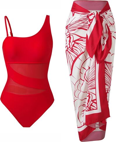 Women’s One Piece Swimsuit with Skirt Mesh Slimming Retro Bathing Suit Set with Wrap Cover Up in Saudi Arabia