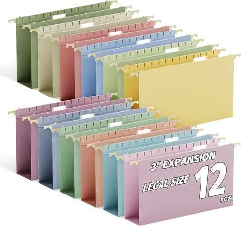 Ansook Legal Size Hanging File Folders Extra Capacity, Heavy Duty 2 Inch Expansion Plastic File Folders Hanging with Tabs,12 Pack Pastel File Cabinet Folders, Expandable Hanging File Folder Organizer in Saudi Arabia
