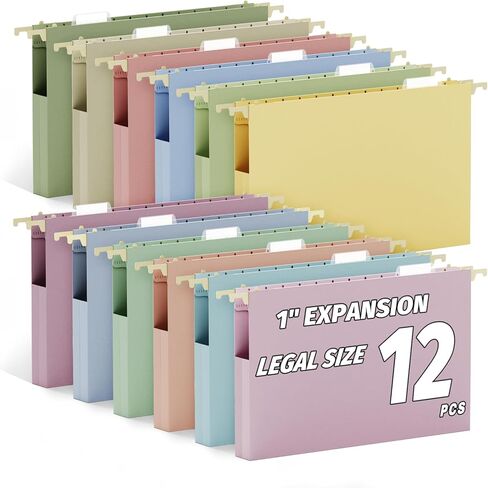 Ansook Legal Size Hanging File Folders Extra Capacity, Heavy Duty 2 Inch Expansion Plastic File Folders Hanging with Tabs,12 Pack Pastel File Cabinet Folders, Expandable Hanging File Folder Organizer in Saudi Arabia