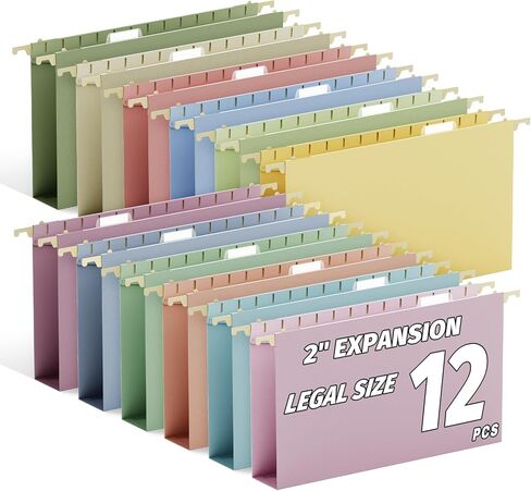 Ansook Legal Size Hanging File Folders Extra Capacity, Heavy Duty 2 Inch Expansion Plastic File Folders Hanging with Tabs,12 Pack Pastel File Cabinet Folders, Expandable Hanging File Folder Organizer in Saudi Arabia