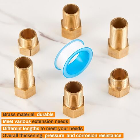 مجموعة محول تمديد نحاسي Moxweyeni 6 عبوات 1/2 بوصة، 1/2 ذكر × 1/2 بوصة تركيبات تمديد أنابيب نحاسية أنثى، محول أنابيب الحلمة لفوهة الحوض/الدش، الطول 30 مم/40 مم/50 مم مع شريط إغلاق in Kuwait