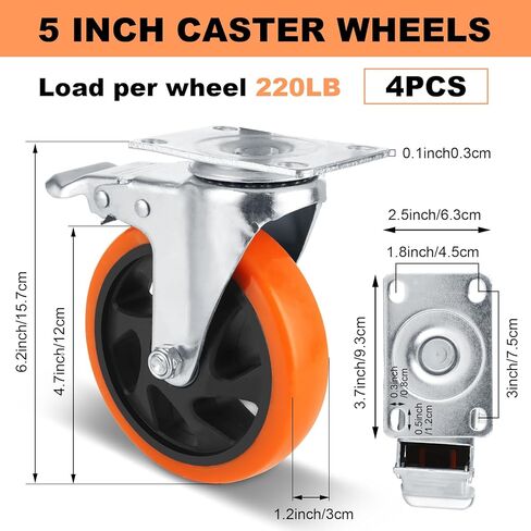 Set of 4 Caster Wheels Heavy Duty 5 Inch Swivel Casters with Brake, Locking Casters for Workbench, Industrial Plate Caster Wheel for Furniture, Carts in Saudi Arabia