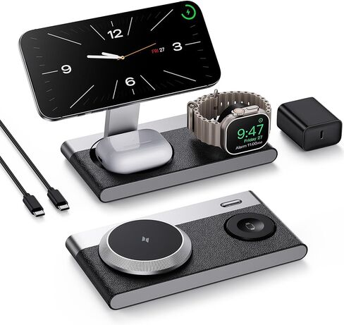 قاعدة شحن لاسلكية مغناطيسية 3 في 1 قابلة للطي لأجهزة Apple، قاعدة شحن لاسلكية سريعة تشبه الجلد مع ضوء ليلي لسلسلة Magsafe iPhone 17/16/15/14/13/12، وساعة Apple، وAirPod in Kuwait
