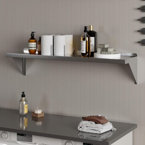 AmGood 12 عرض × 48 طول | رف حائط من الفولاذ المقاوم للصدأ | حافة مربعة | رفوف معدنية | الثقيلة | الصف التجاري | حامل حائط | معتمد من NSF in Kuwait