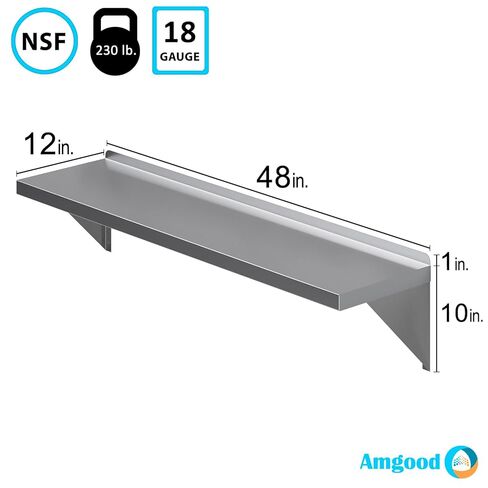 AmGood 12 عرض × 48 طول | رف حائط من الفولاذ المقاوم للصدأ | حافة مربعة | رفوف معدنية | الثقيلة | الصف التجاري | حامل حائط | معتمد من NSF in Kuwait
