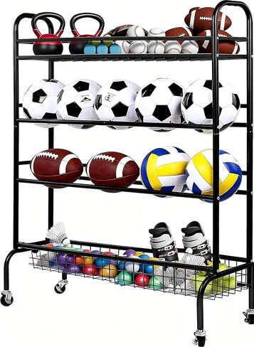 Sports Equipment Organizer, Ball Storage Cart with Baskets and Hooks, Rolling Gear Storage for Garage, Black Steel in Saudi Arabia