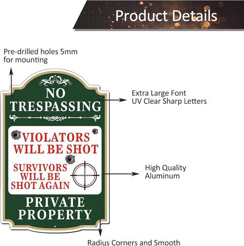 لن يتم إطلاق النار على المخالفين للتعدي على ممتلكات الغير، 2 حزمة، 12 × 8 بوصة علامة تحذير ملكية خاصة من الألومنيوم خالية من الصدأ، محمية من الأشعة فوق البنفسجية، مقاومة للبهتان in Kuwait