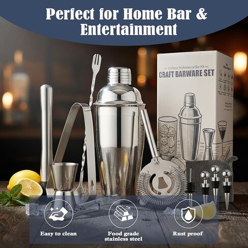 مجموعة أدوات البار المكونة من 13 قطعة - مجموعة أدوات هزاز الكوكتيل بوسطن مع طين ومصفاة وجيجر وملعقة - ملحقات بار المنزل وخلاط مشروبات هدية للبارتيزي والتدفئة المنزلية وديكور عربة البار in Kuwait