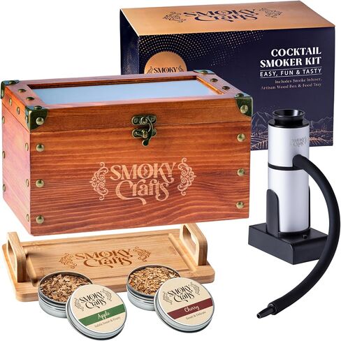 Smoky Crafts Whiskey Smoker Kit with Updated Smoke Gun, Cocktail Smoke Box, Food Tray and Wood Chips (Apple & Cherry) - Old Fashioned Smoker Kit in Saudi Arabia