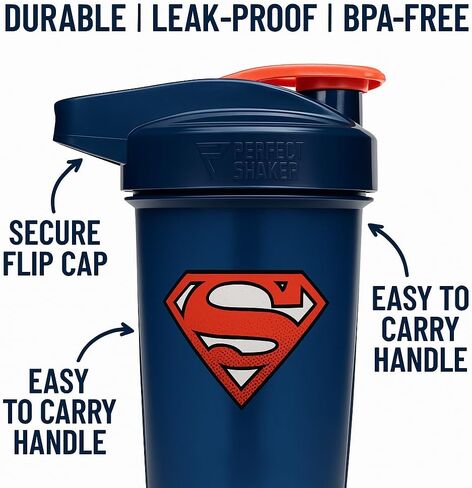 PerfectShaker ACTIV DC Comics & Justice League Series | مقاوم للتسرب، خالي من مادة BPA، مقاوم للكسر | تقنية خلط ActionRod لخلطات ناعمة | صالة الألعاب الرياضية واللياقة البدنية والرياضة - 28 أونصة سوبرمان (أزرق) in Kuwait