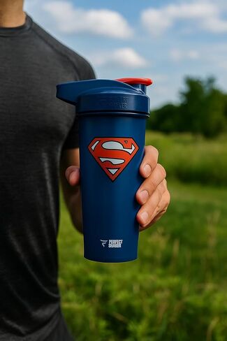 PerfectShaker ACTIV DC Comics & Justice League Series | مقاوم للتسرب، خالي من مادة BPA، مقاوم للكسر | تقنية خلط ActionRod لخلطات ناعمة | صالة الألعاب الرياضية واللياقة البدنية والرياضة - 28 أونصة سوبرمان (أزرق) in Kuwait