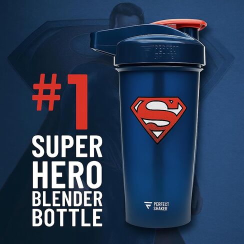 PerfectShaker ACTIV DC Comics & Justice League Series | مقاوم للتسرب، خالي من مادة BPA، مقاوم للكسر | تقنية خلط ActionRod لخلطات ناعمة | صالة الألعاب الرياضية واللياقة البدنية والرياضة - 28 أونصة سوبرمان (أزرق) in Kuwait